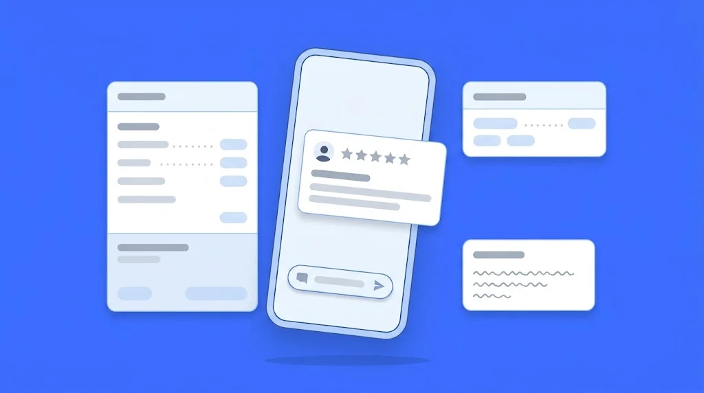 A phone screen displaying a set of review cards from different platforms