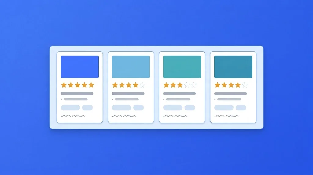 Four business listing cards side by side, each showing a star rating