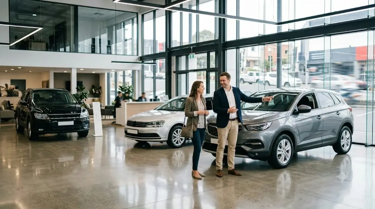 Two people talking beside cars in a dealership showroom